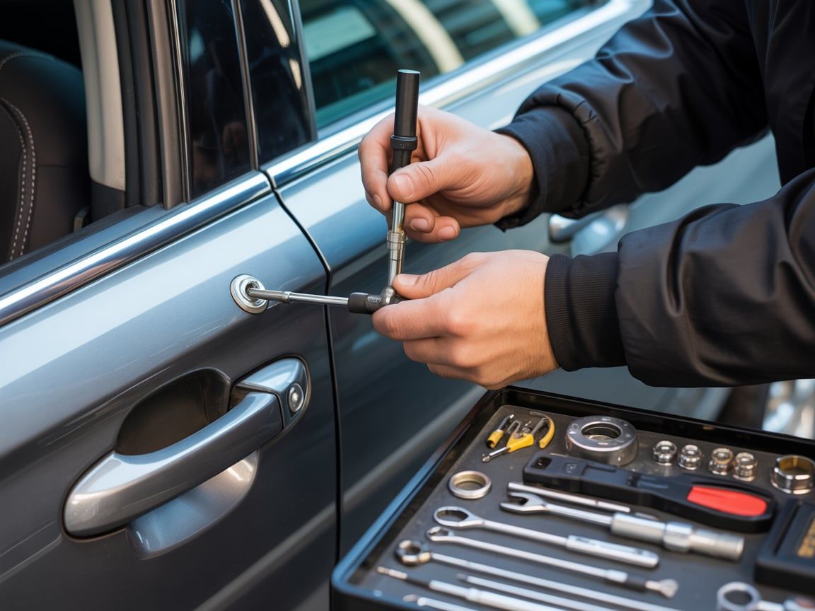 Person using tools to unlock a car door. A toolbox with various tools sits nearby.