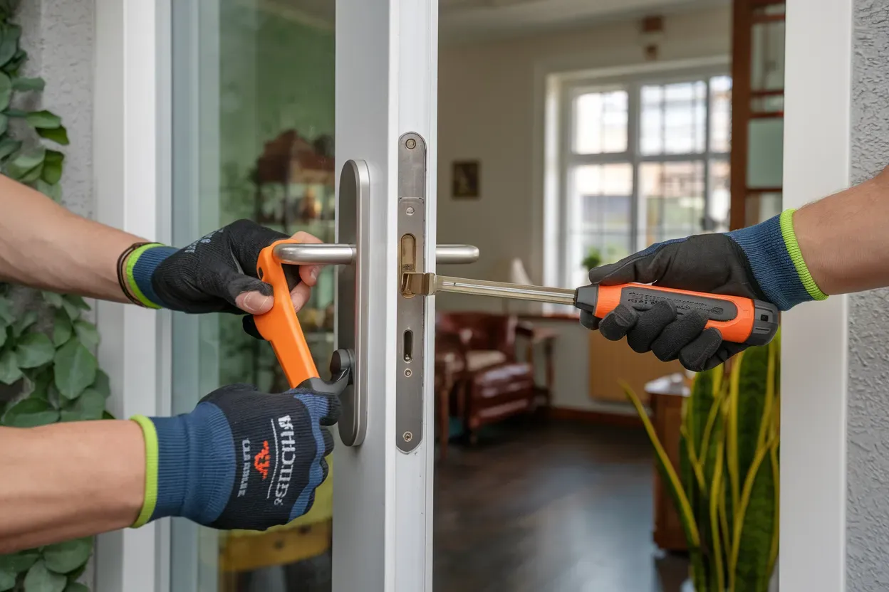 A man is fixing a door handle with a screwdriver.