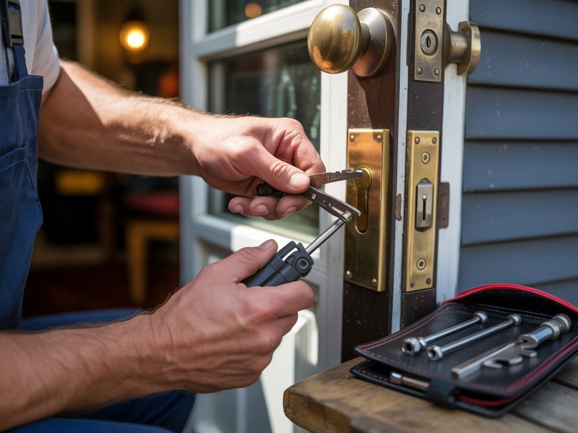 Locksmith using tools to repair a brass lock on a wooden door.