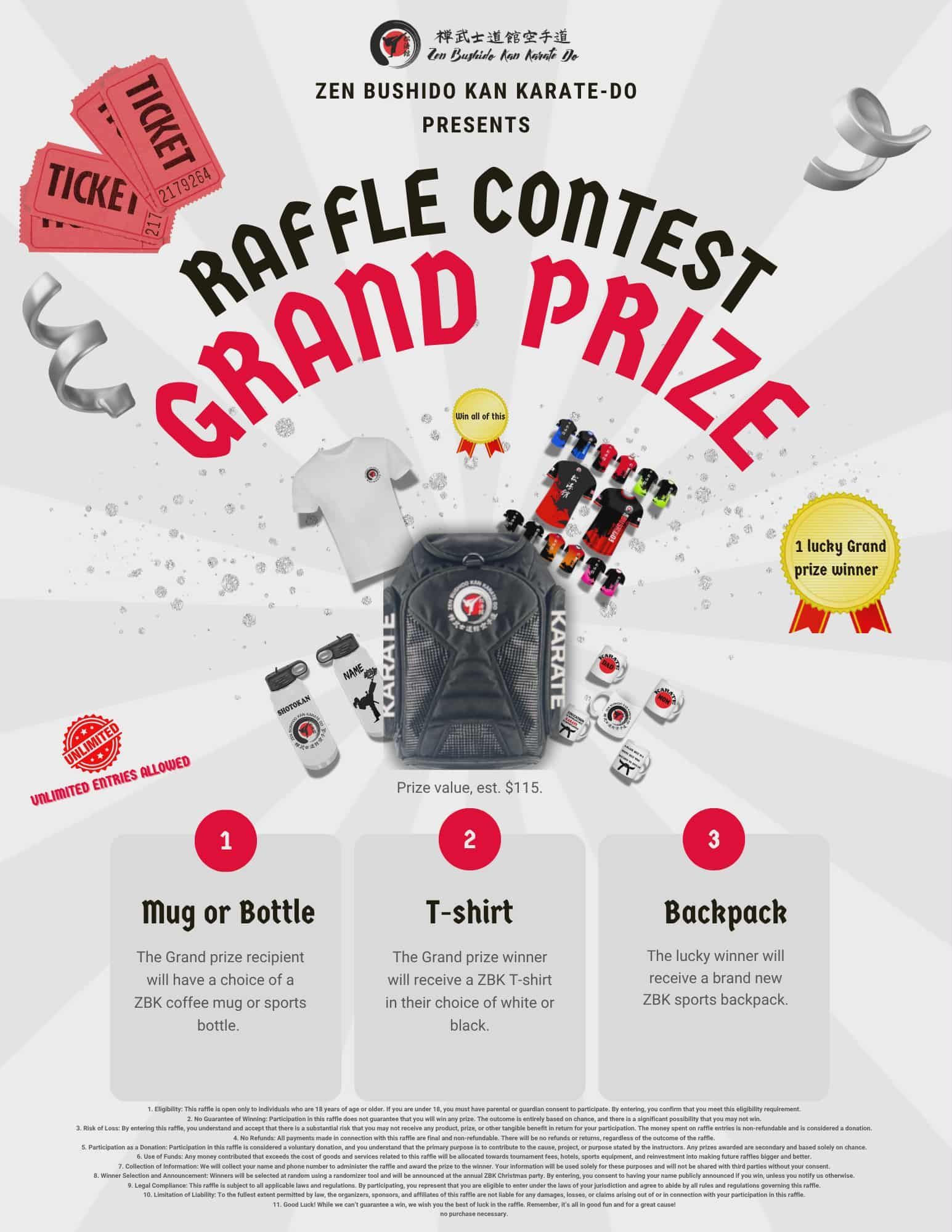 Raffle contest poster with tickets, prizes: water bottle, t-shirt, backpack. Red and white logo, gray background.