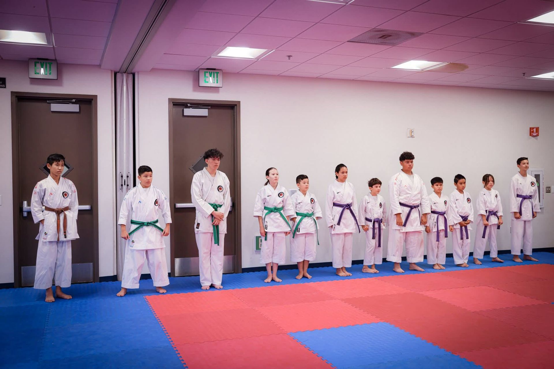 Karate students in white uniforms and belts stand on mats.