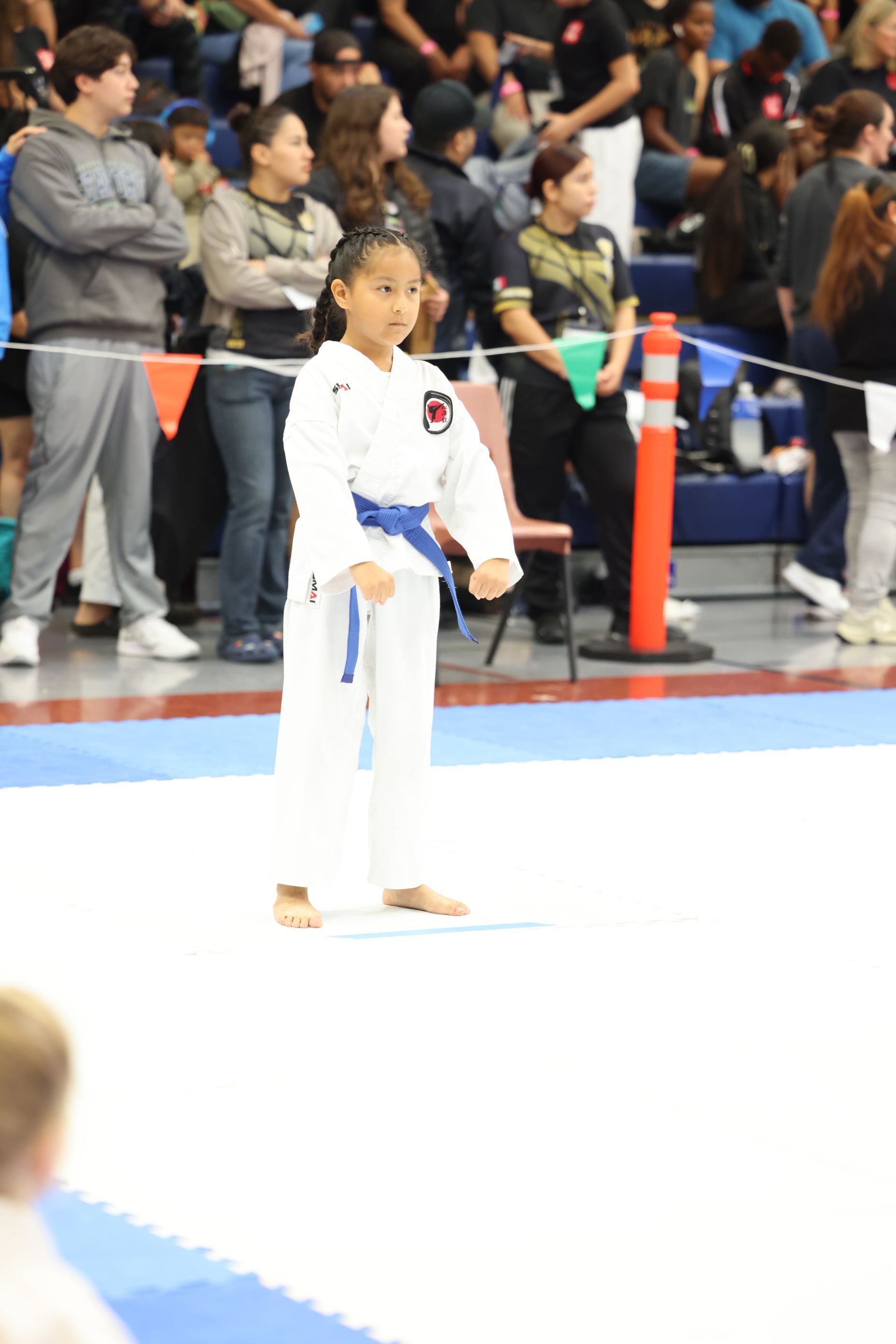 Girl in white karate uniform, blue belt, stands on a mat, ready to perform.