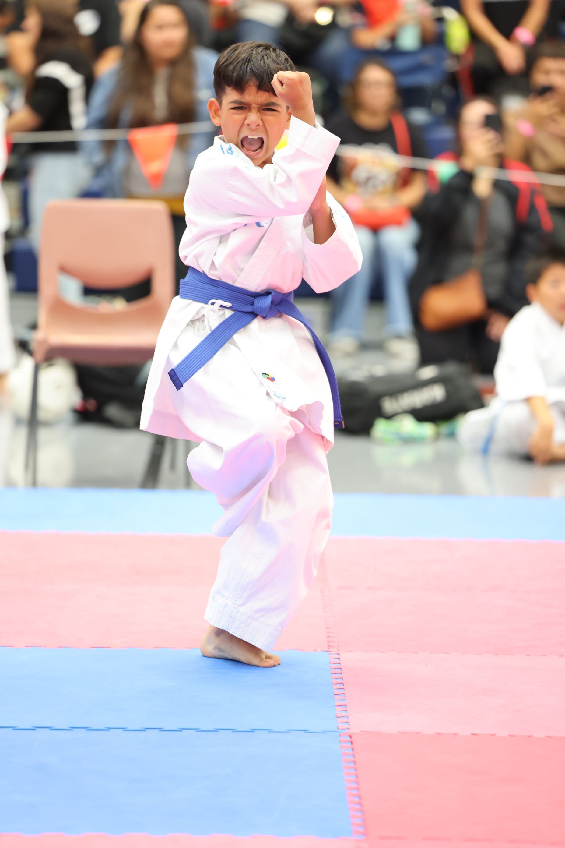 Boy in karate uniform performs a stance with raised fist, blue belt, on a mat.