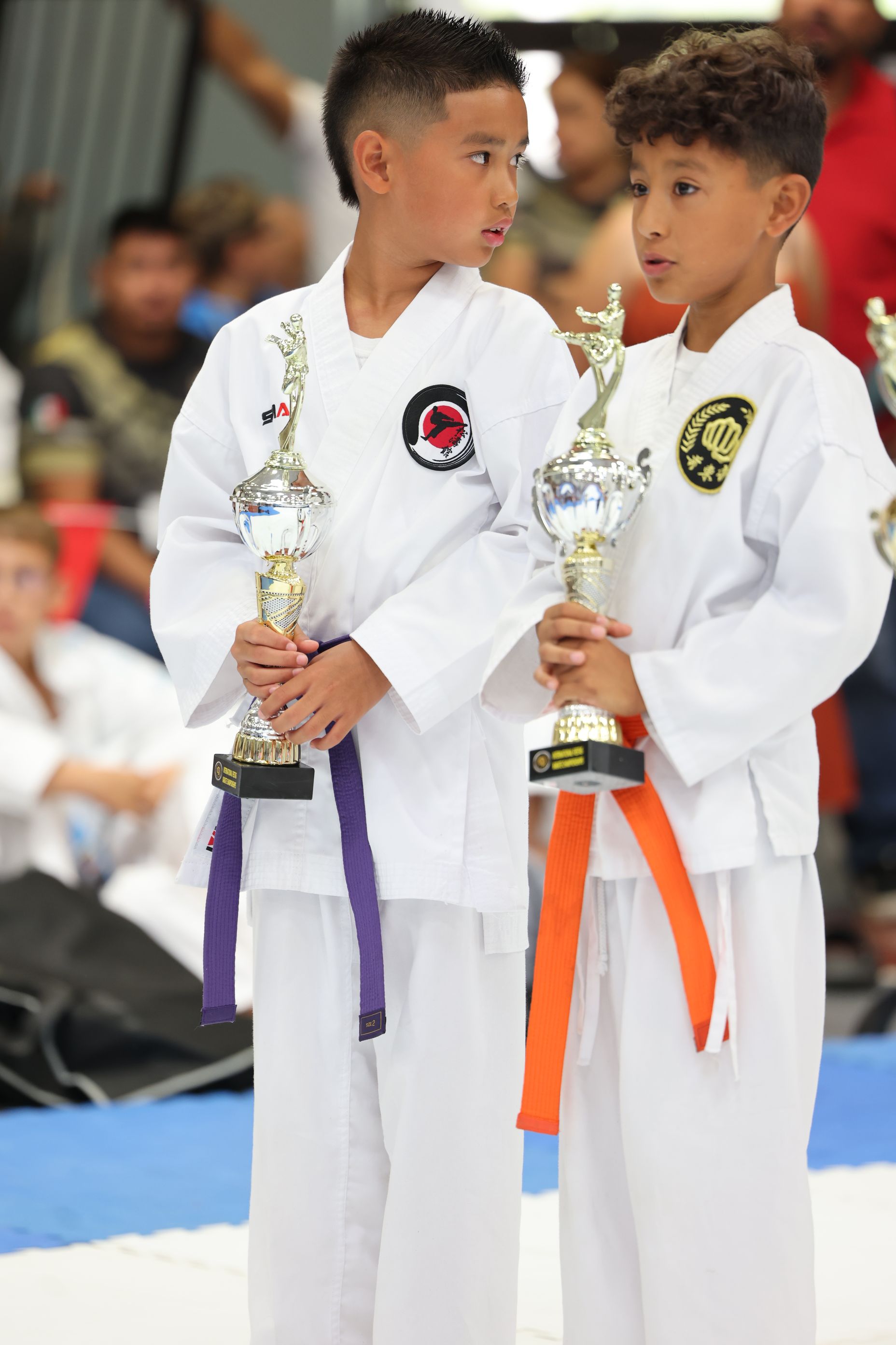 Two young karate students, with trophies, stand side by side. One has a purple belt, the other orange.