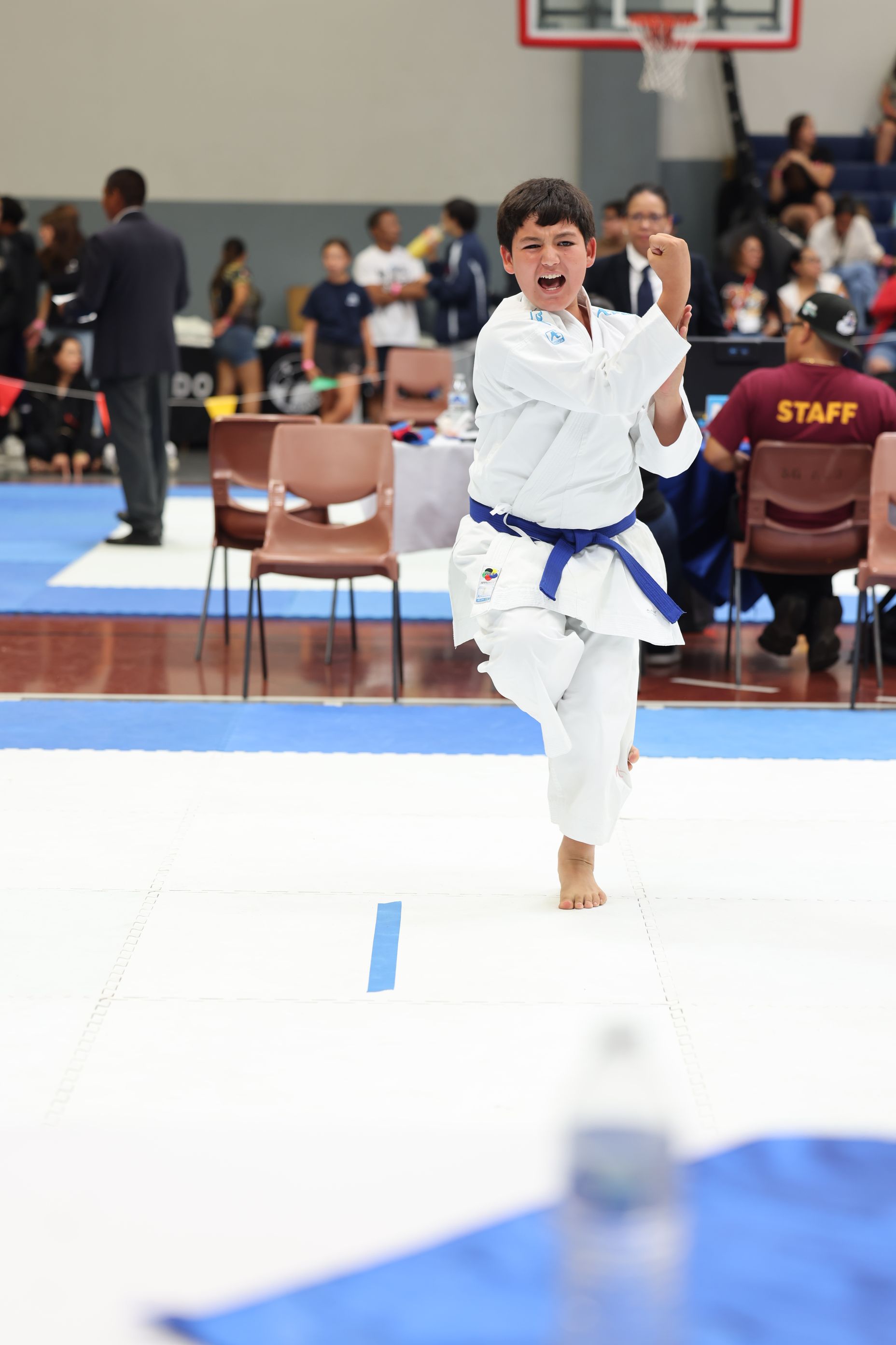 Boy in karate uniform performs a kick at a competition. Blue belt, white suit, arena setting.