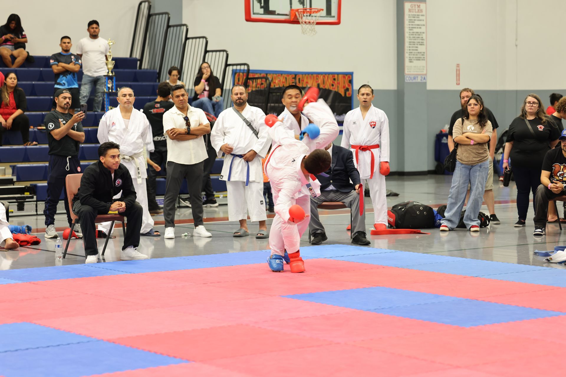 Karate competition. Two competitors in white uniforms. Red and blue mats. Spectators in the background.
