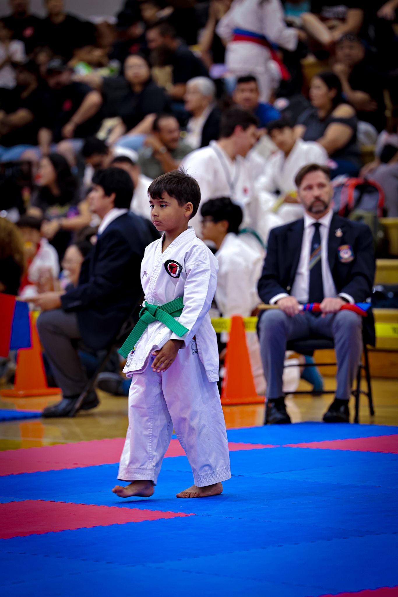 A young martial artist in a white uniform with a green belt stands on a blue and red mat during a competition.
