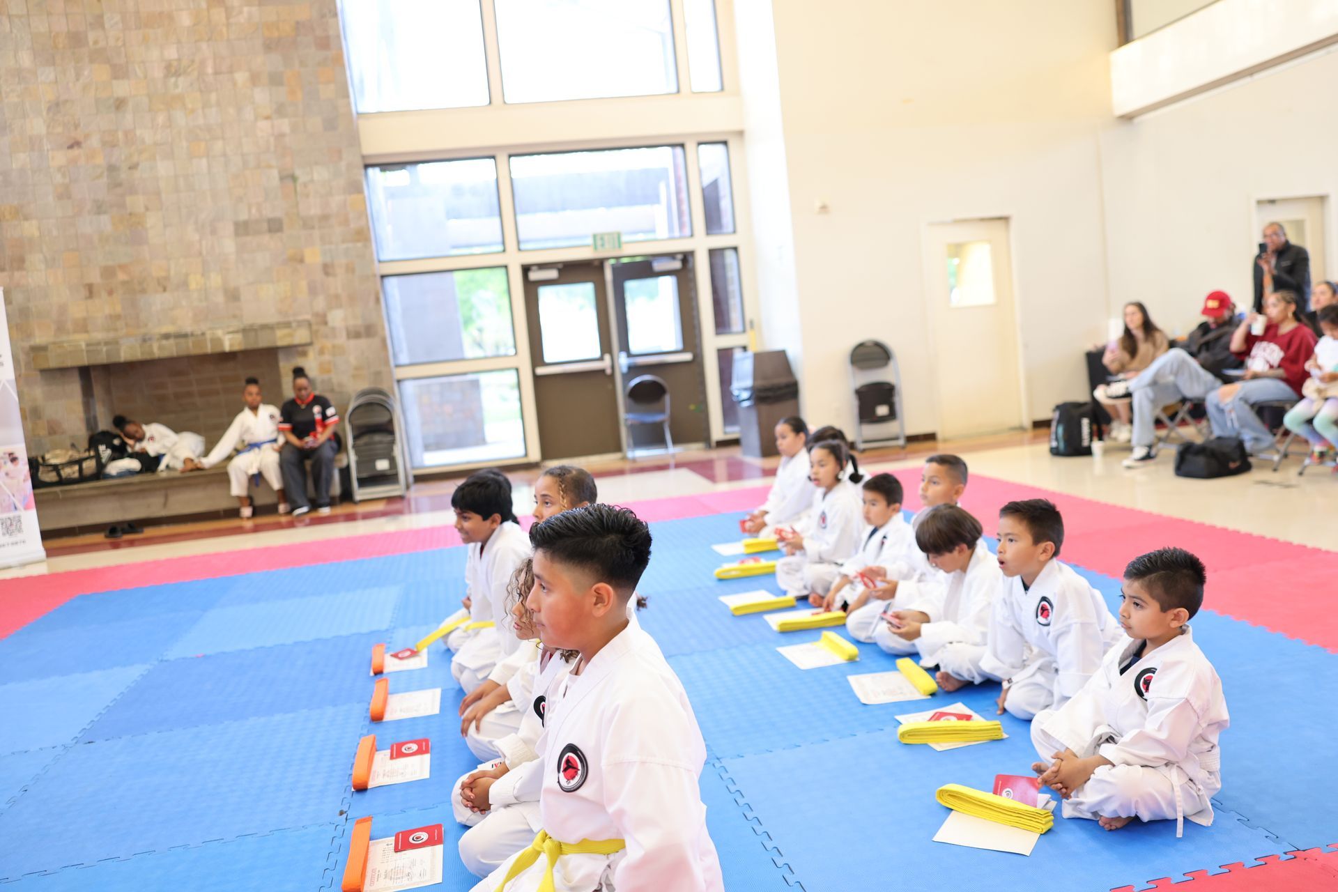 A group of young boys are sitting on a karate mat.