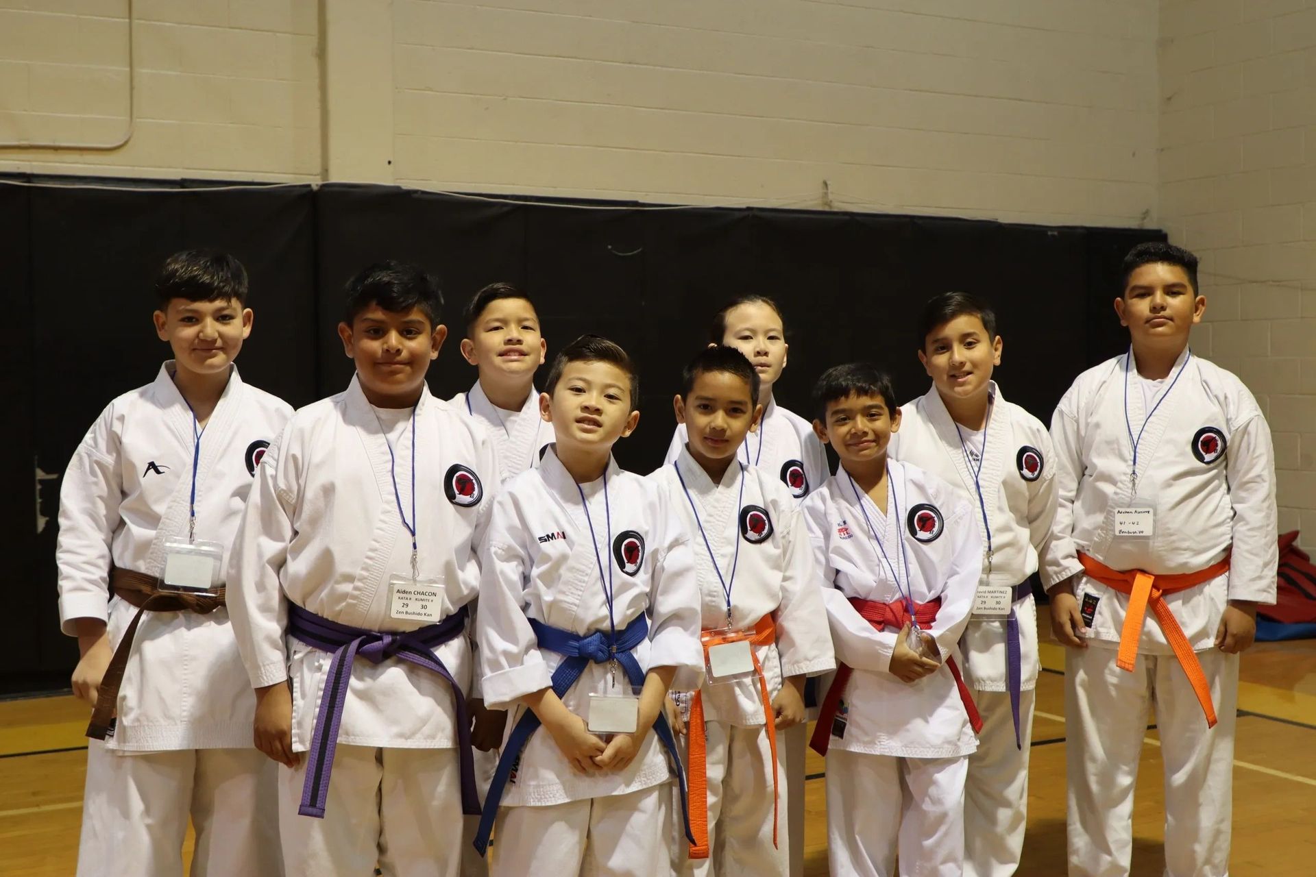 A group of young boys in karate uniforms are posing for a picture.