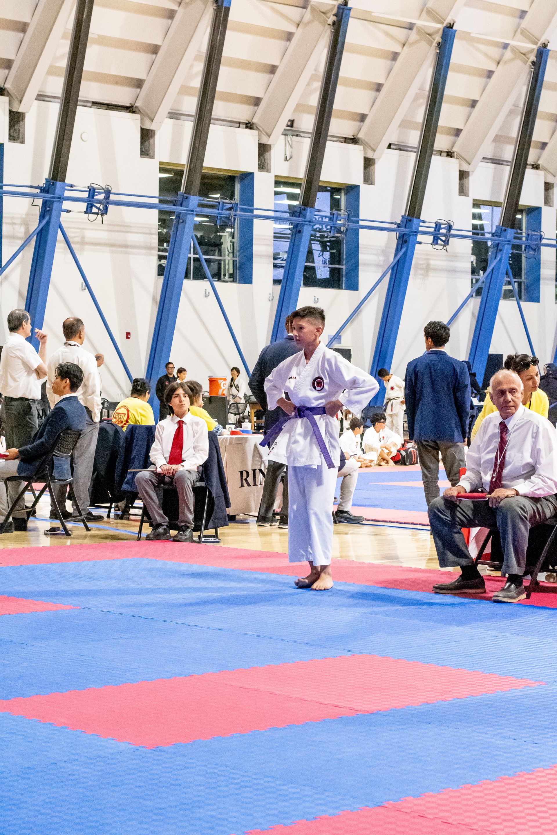 A young karateka in a white gi with a purple belt stands on a competition mat; judges watch nearby.