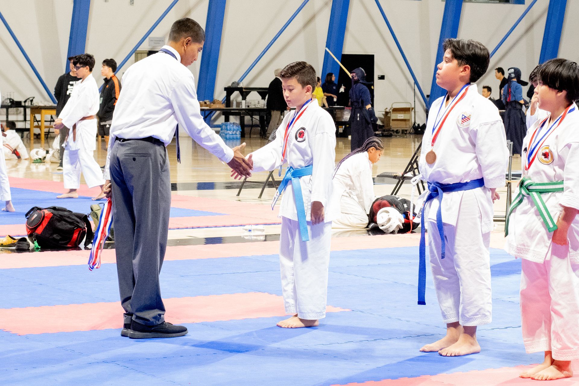 Karate tournament: A referee shakes hands with a boy in a blue belt, other medalists stand.