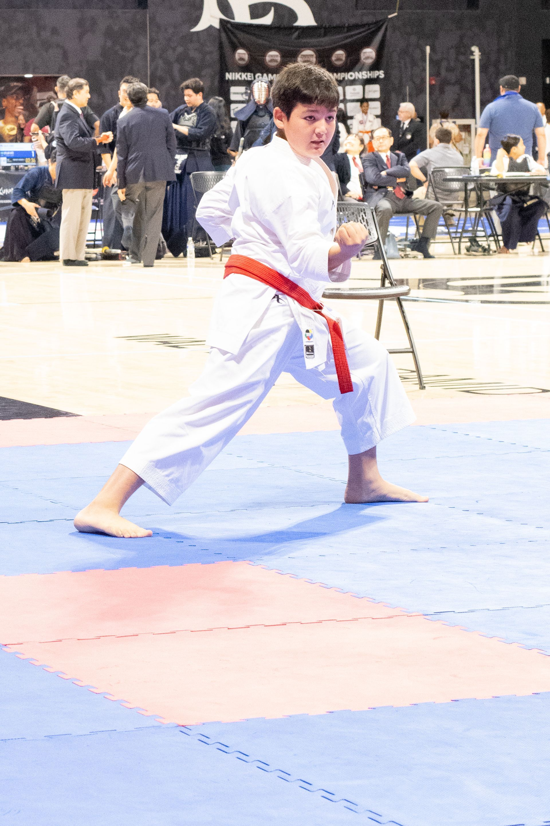 Boy in karate uniform with red belt in a stance, indoors on a blue/pink mat.