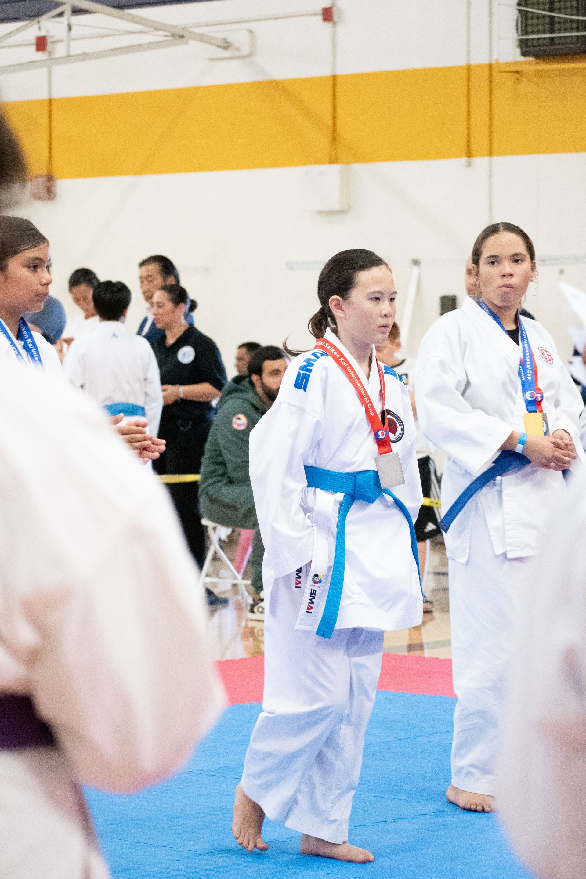 A group of karate players are standing on a mat