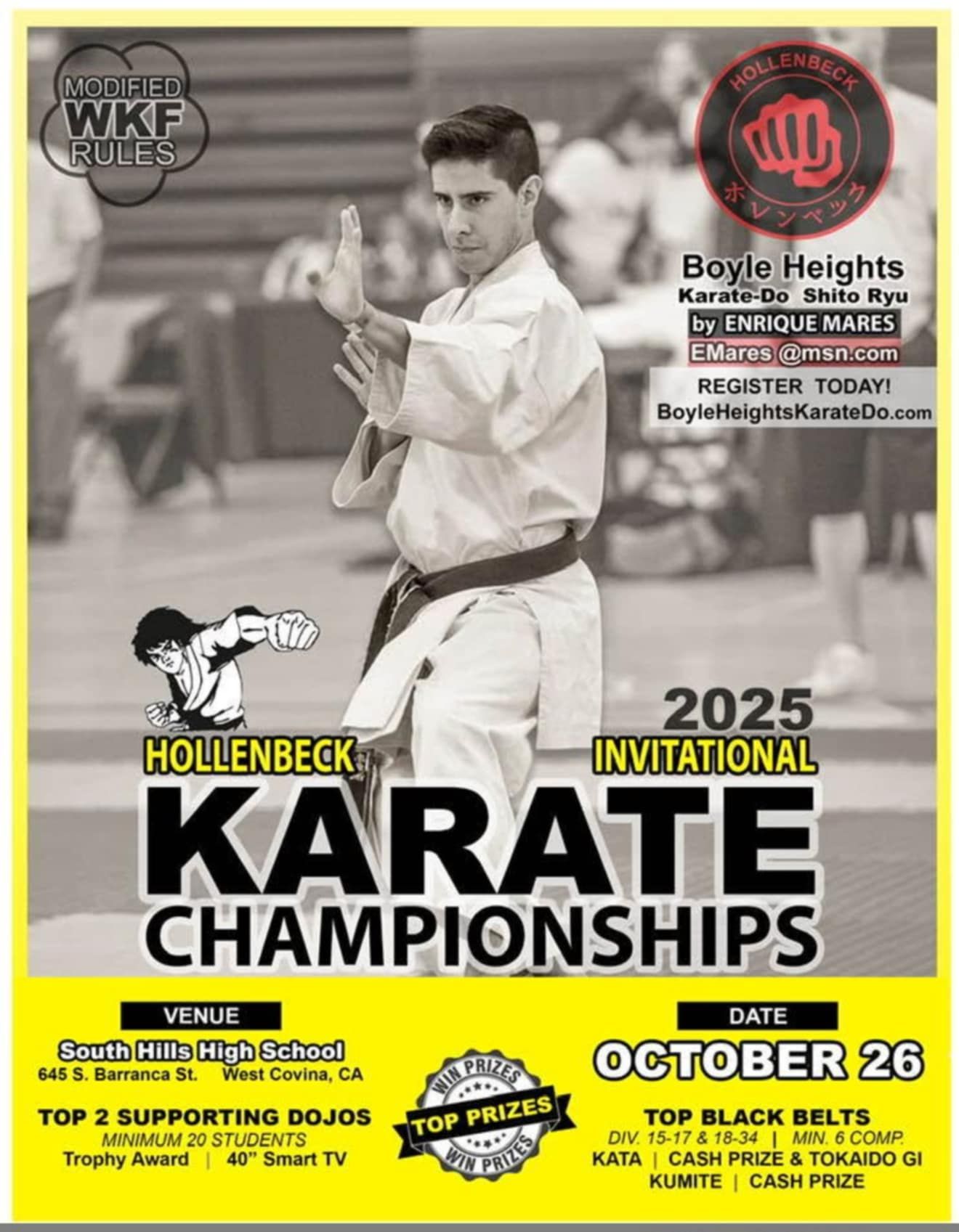 Karate tournament poster: a martial artist in a white gi, championships banner, and details about the event.