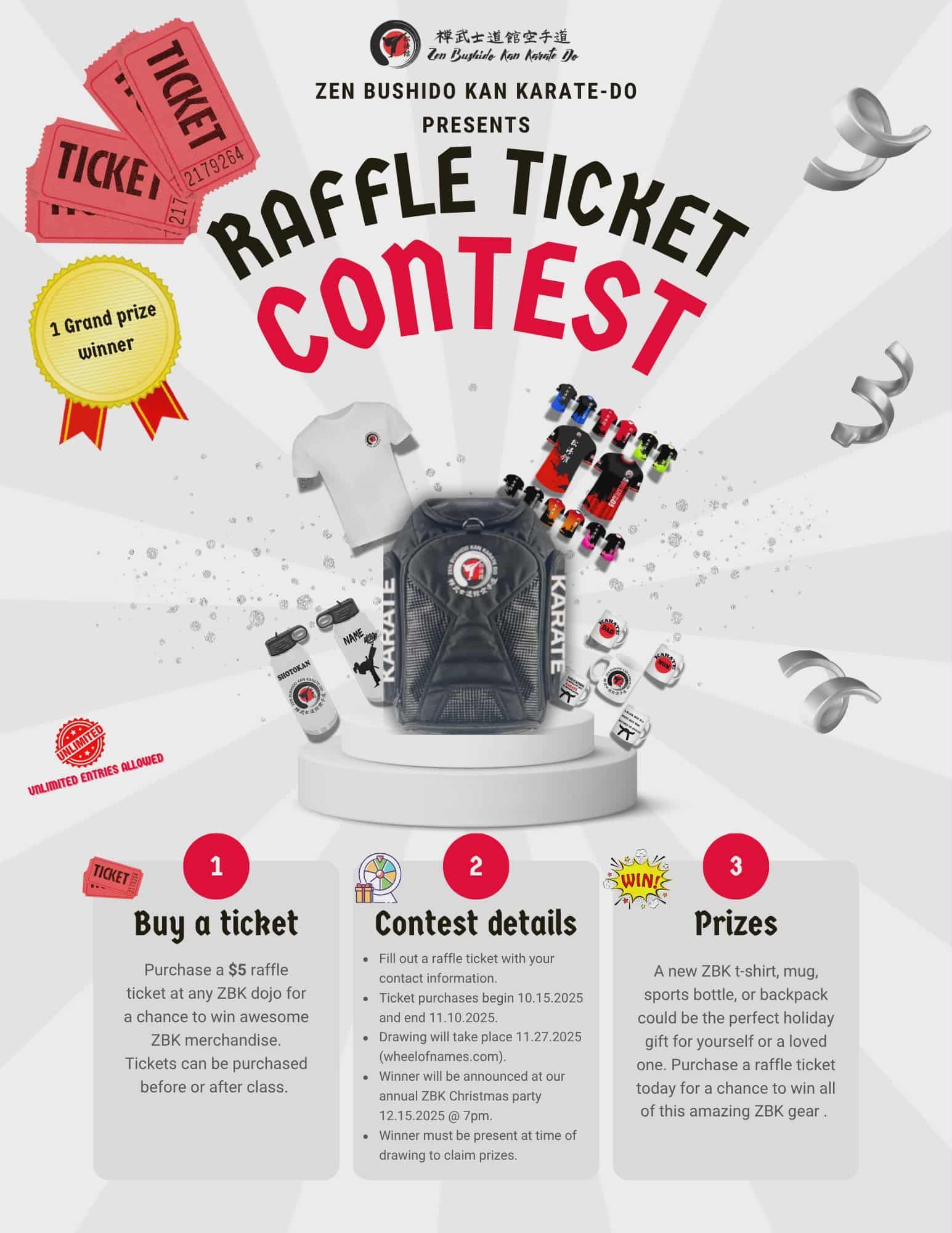 Raffle ticket contest poster with prize items and instructions.