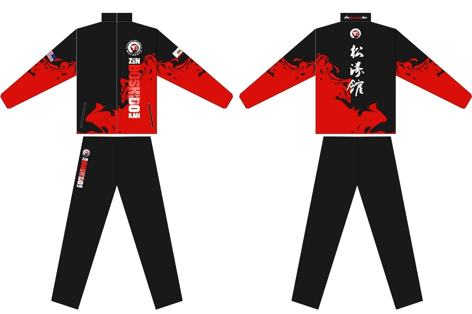 Black and red tracksuit, front and back view. Jacket has red accents and logo, pants are black.
