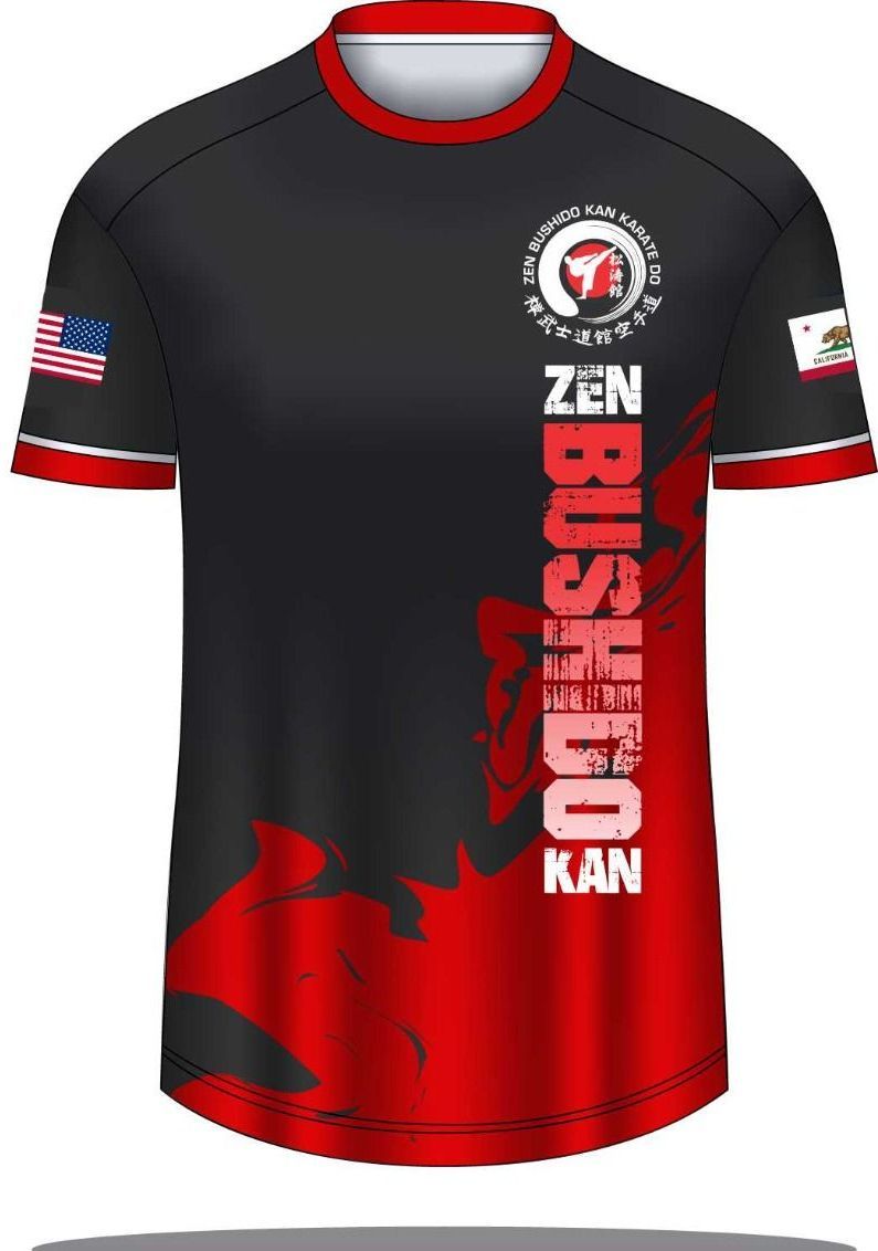 A black and red shirt that says zen bushido kan