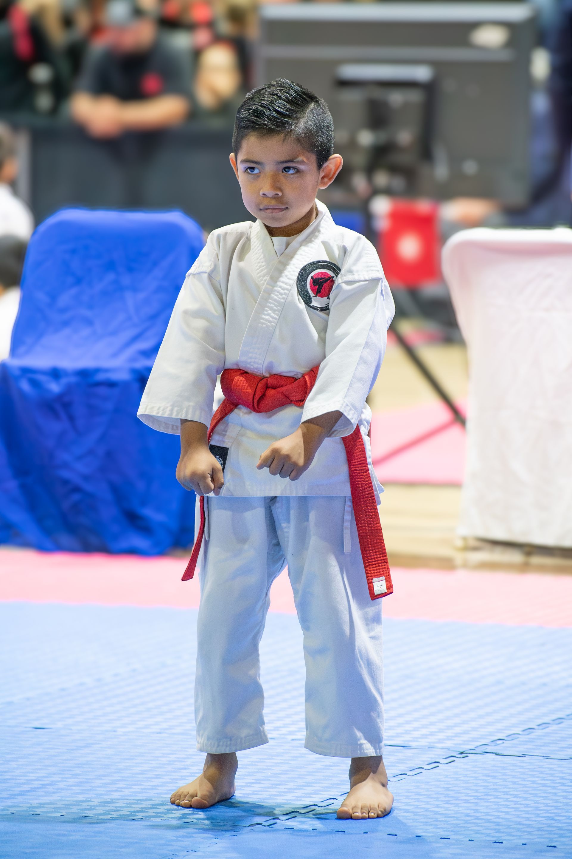 Young karate student in white gi with red belt, stands on blue mat, ready to fight.