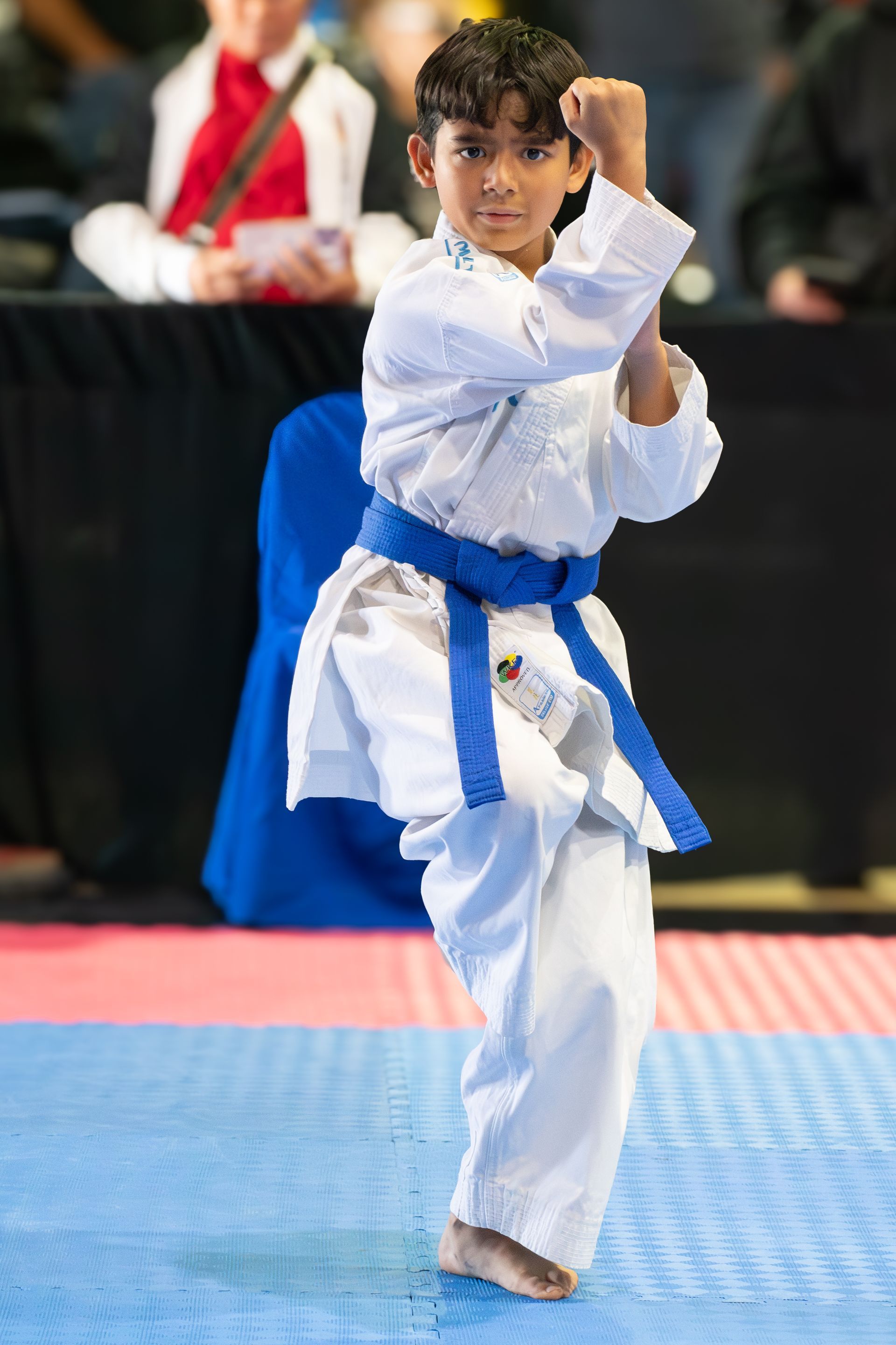Boy in karate uniform with blue belt, in a fighting stance on a blue and red mat.