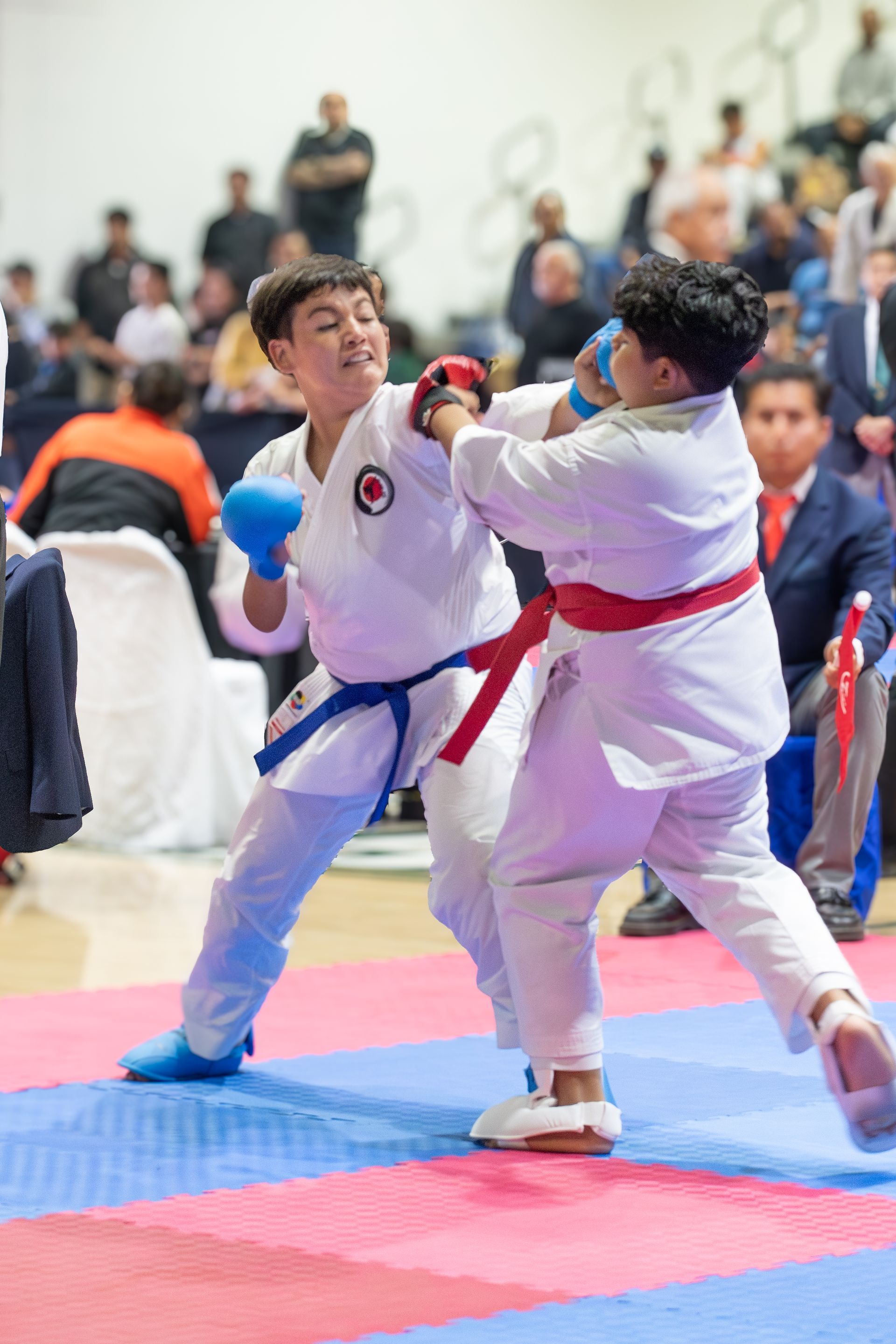 Two youth in karate gis sparring at a competition; one punches, the other blocks. Blue/red belts/gloves. Crowd in background.