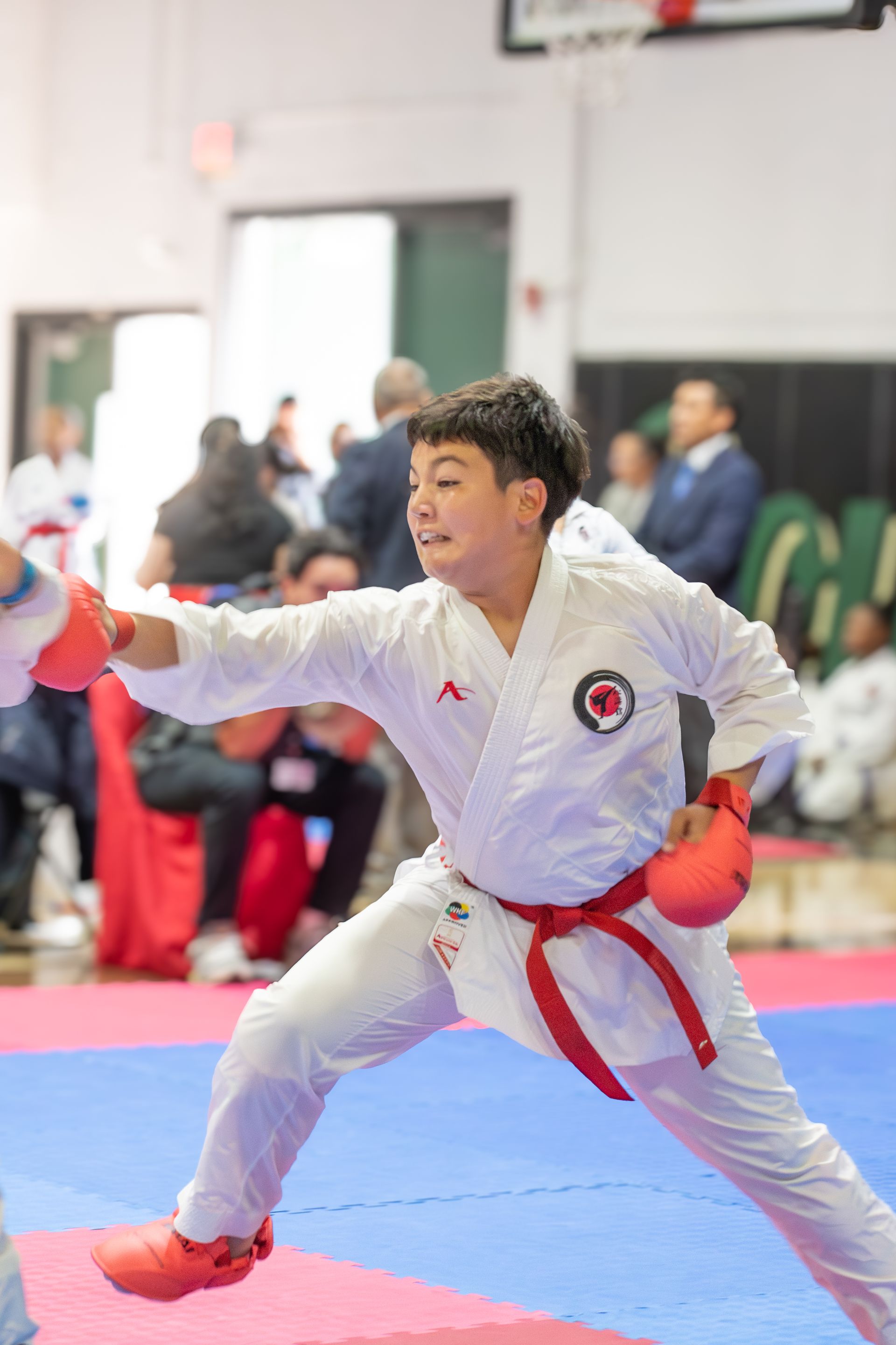 Karate competitor in white uniform, red gloves and belt, mid-punch in a competition.