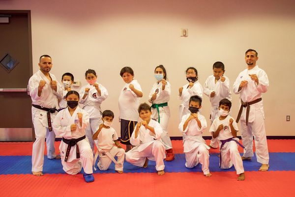 A group of people are posing for a picture on a karate mat.