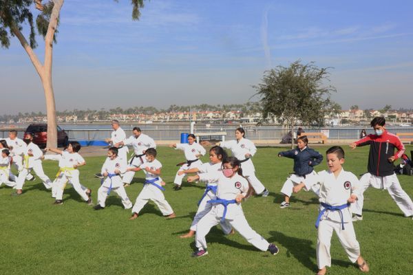 A group of children are practicing karate in a park