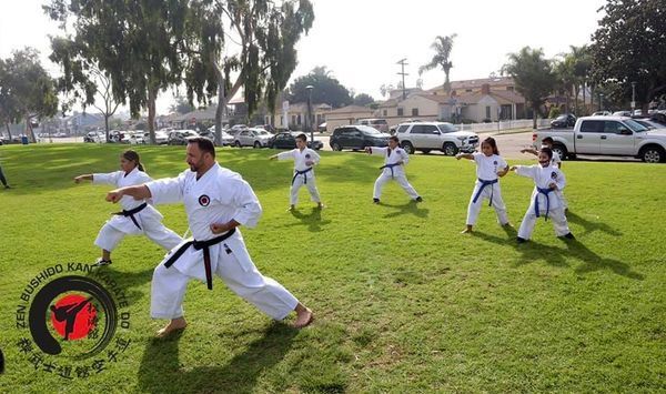 A group of people are practicing karate in a park