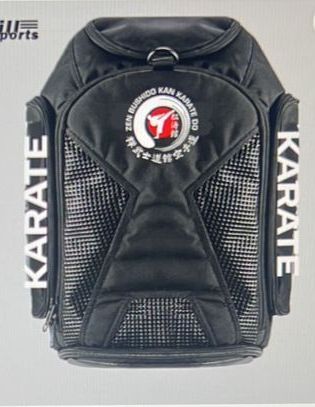 A black backpack that says karate on it