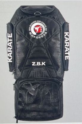 A black backpack that says karate on it