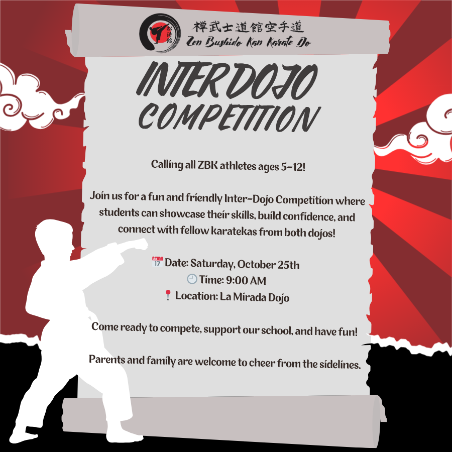 Karate competition flyer: Ages 5-12, Inter Dojo at Long Beach Dojo, Oct. 25th, 9am. Red, white, and black theme. Silhouette of karateka.