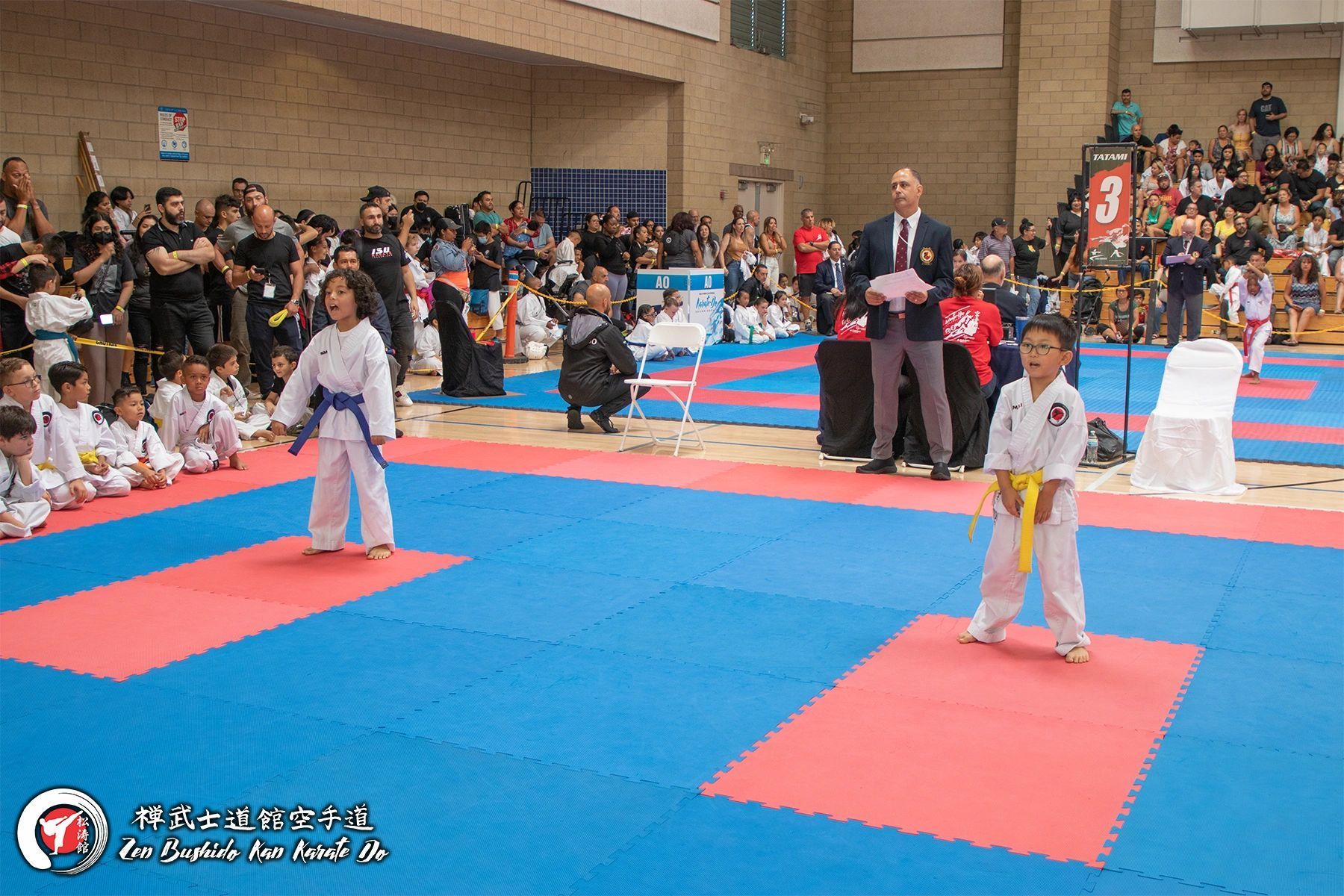 A group of children are practicing martial arts in a gym.