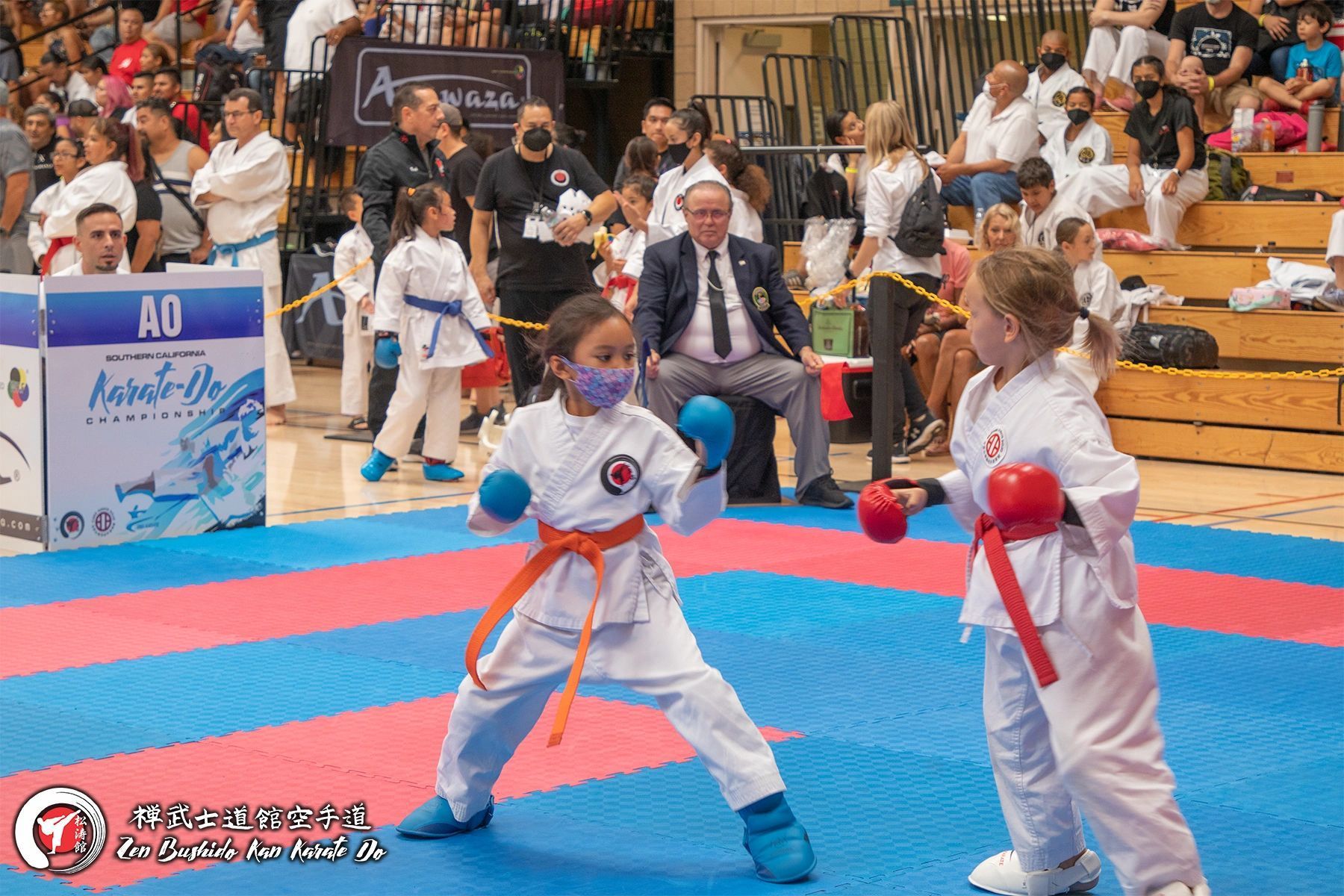 A group of young girls are practicing martial arts on a mat.