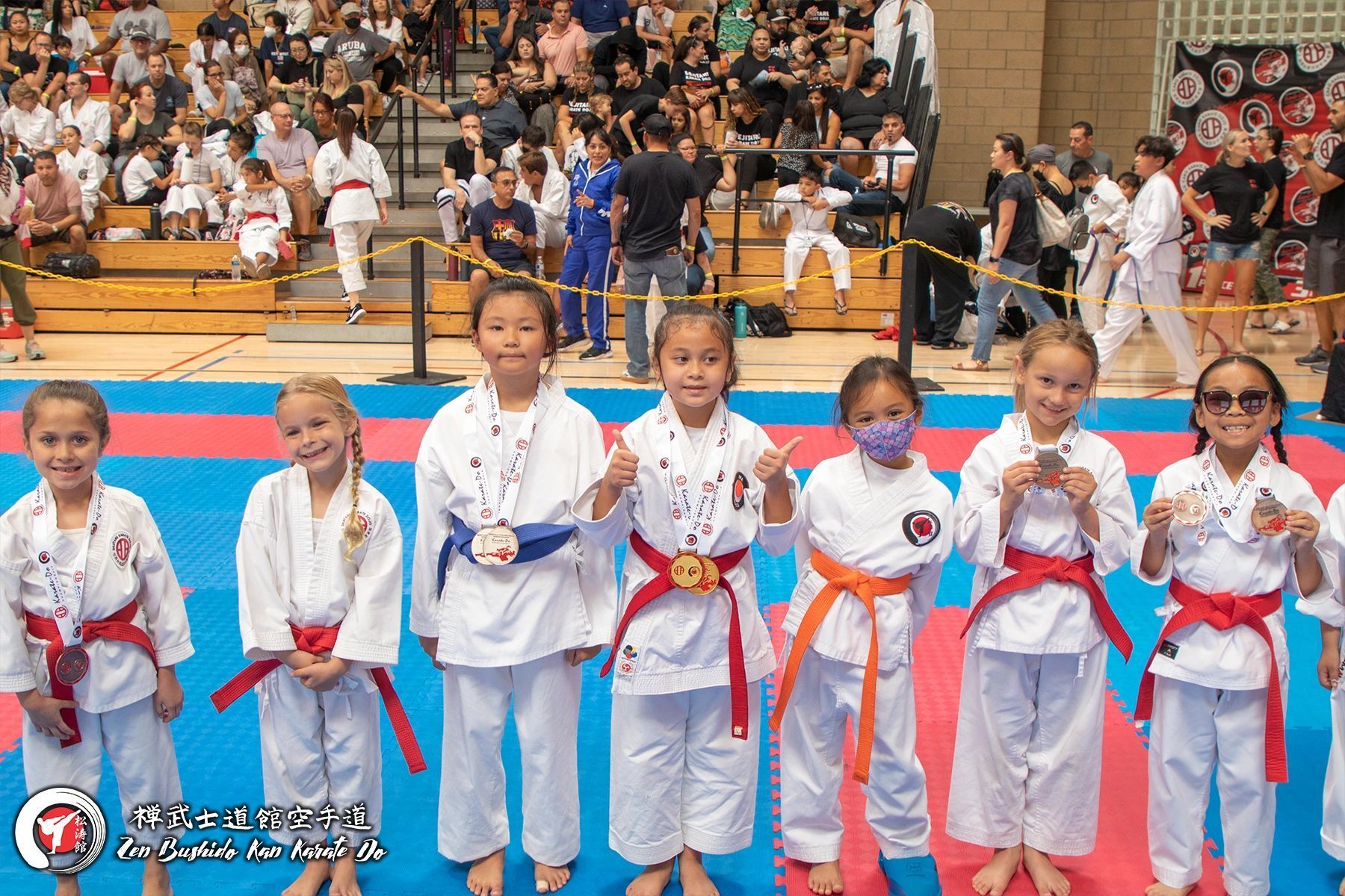 A group of young girls in karate uniforms are posing for a picture.