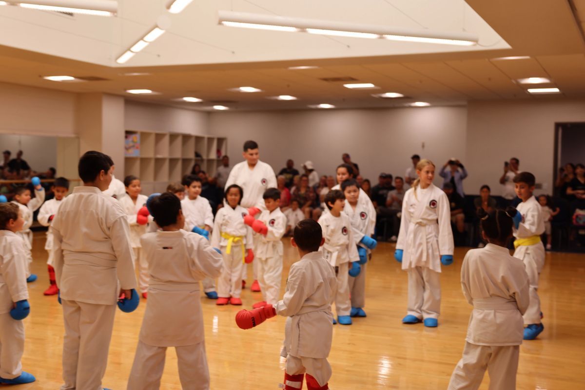 A group of kids are practicing martial arts in a gym