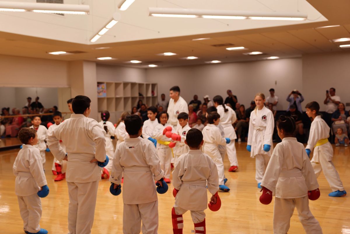 A group of children are practicing martial arts in a gym
