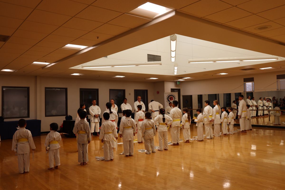 A group of kids in karate uniforms are standing in a gym