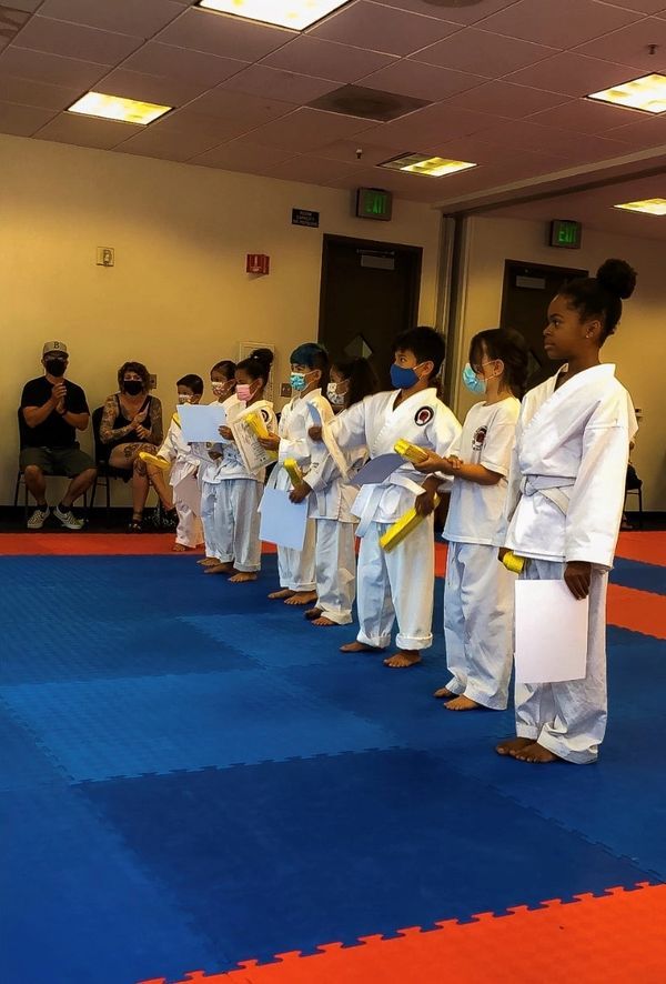 A group of children are standing in a line on a karate mat.