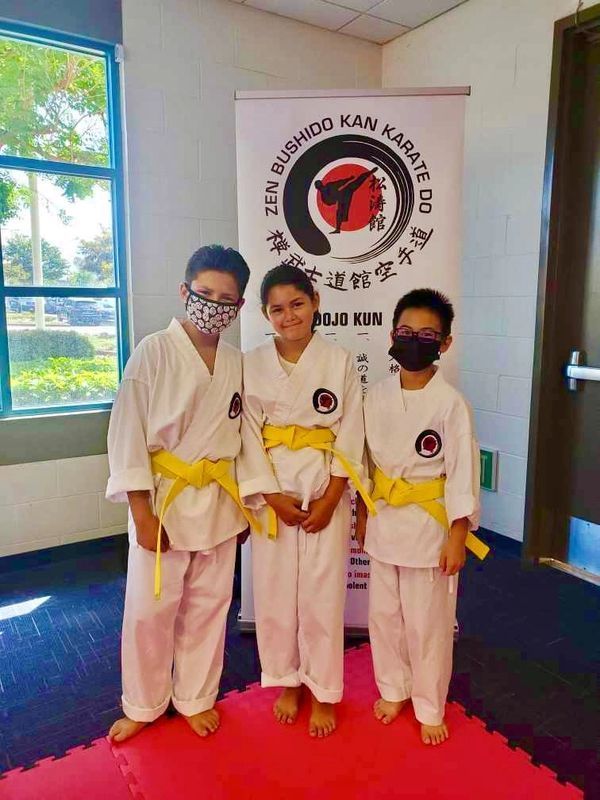 Three young boys wearing karate uniforms and masks are posing for a picture.