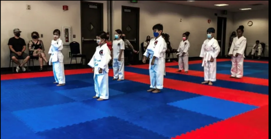 A group of children are practicing martial arts in a gym.