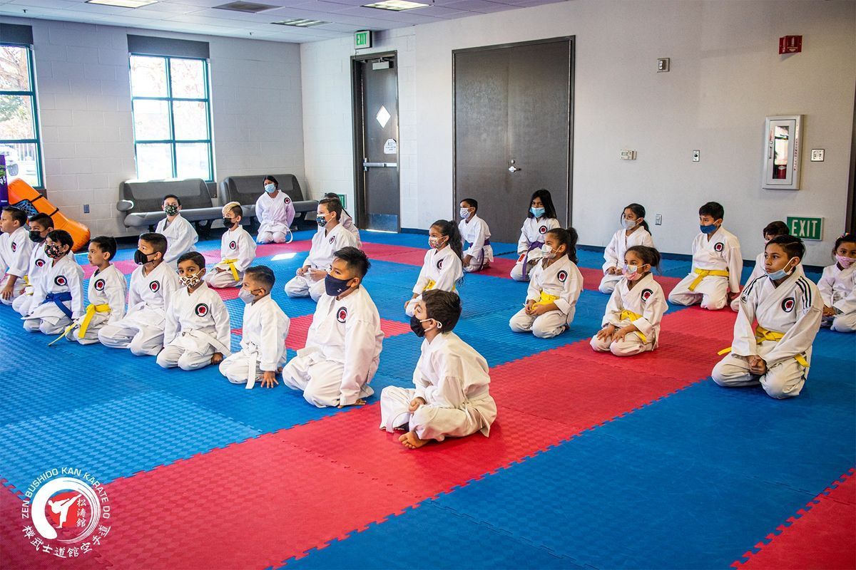 A group of children are sitting on a karate mat in a room.
