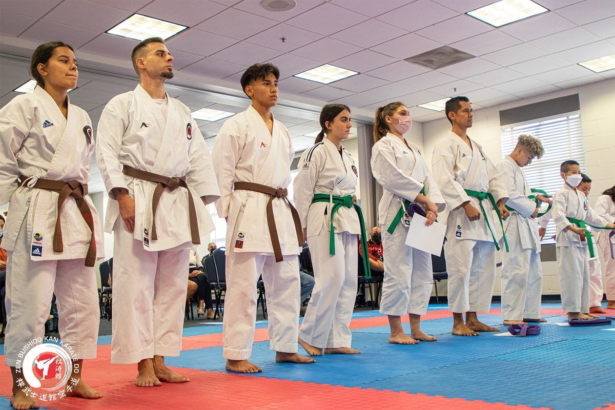A group of people in karate uniforms are standing in a line.