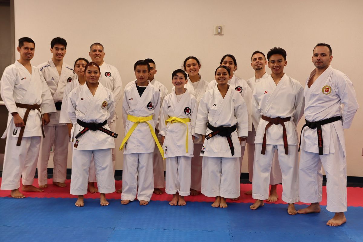 A group of people in karate uniforms are posing for a picture.