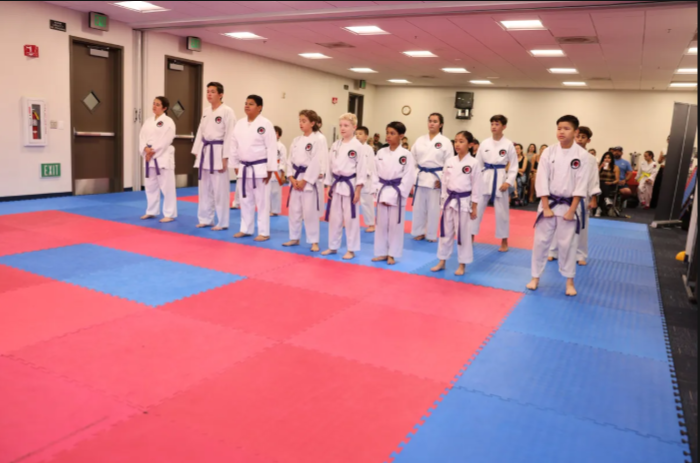 A group of people standing on a karate mat in a gym