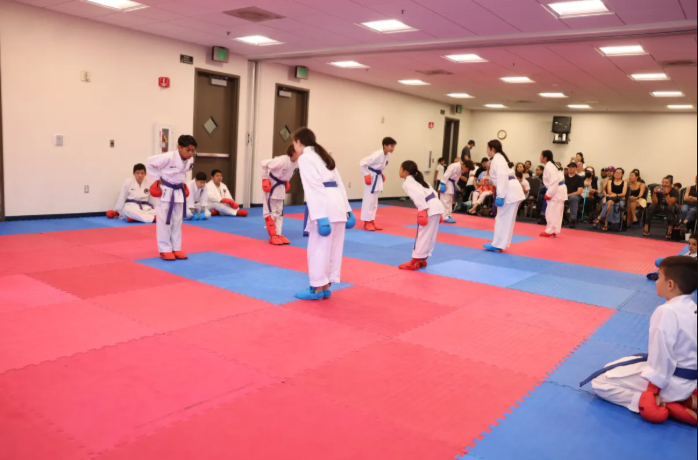 A group of people are practicing martial arts in a gym