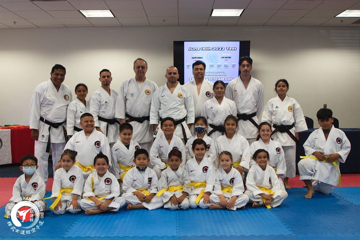 A group of people in karate uniforms are posing for a picture