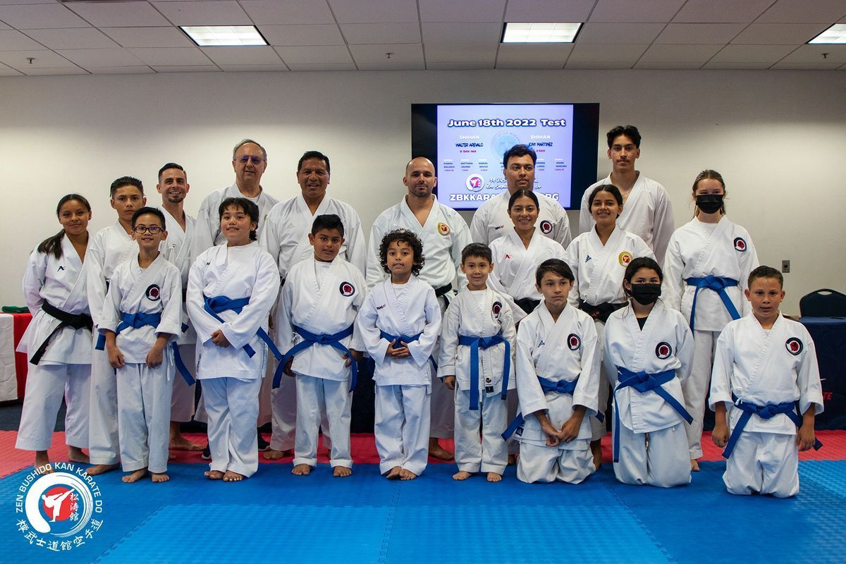 A group of people in karate uniforms are posing for a picture.