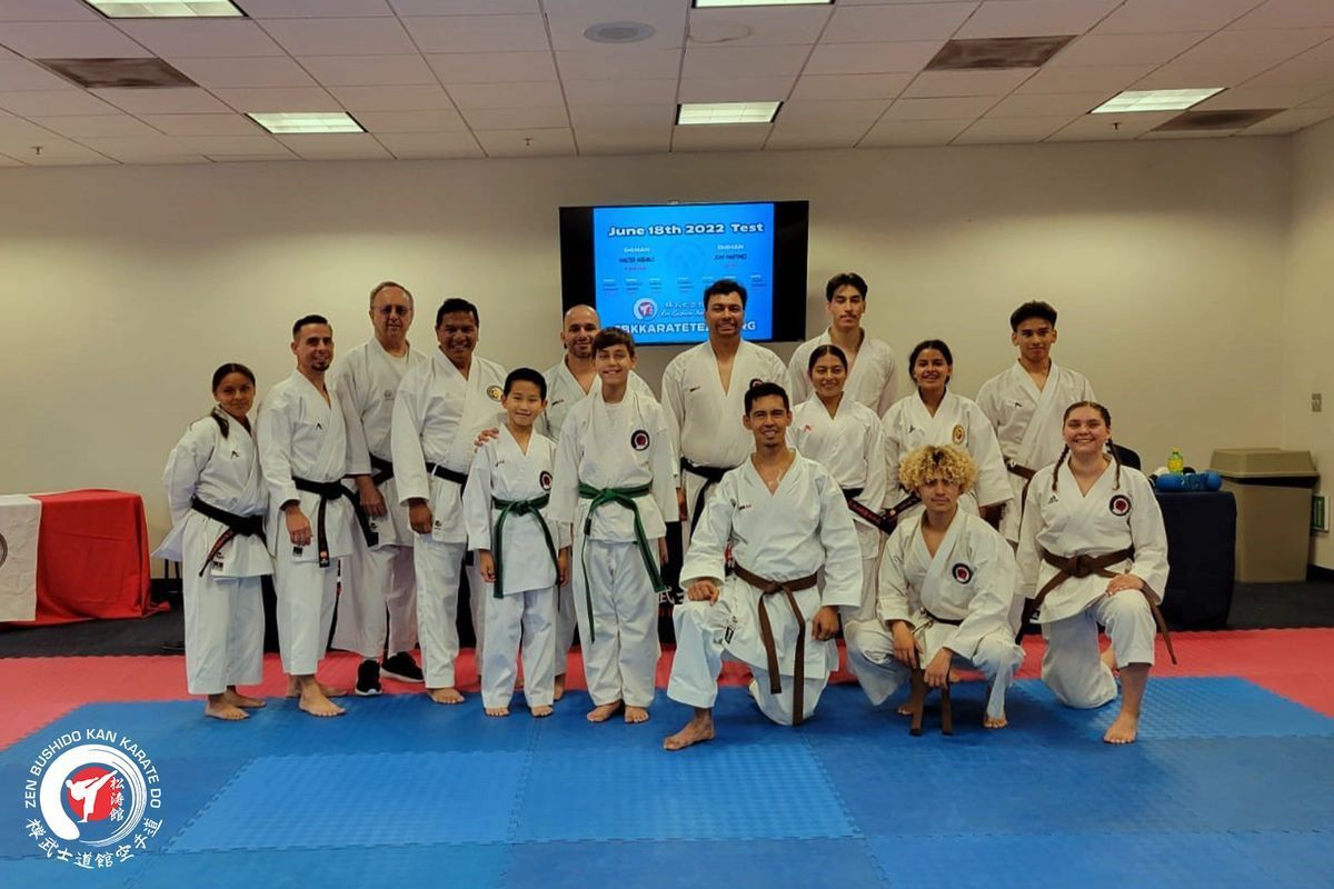 A group of people in karate uniforms are posing for a picture