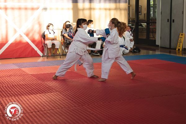 A group of young girls are practicing karate on a red mat.
