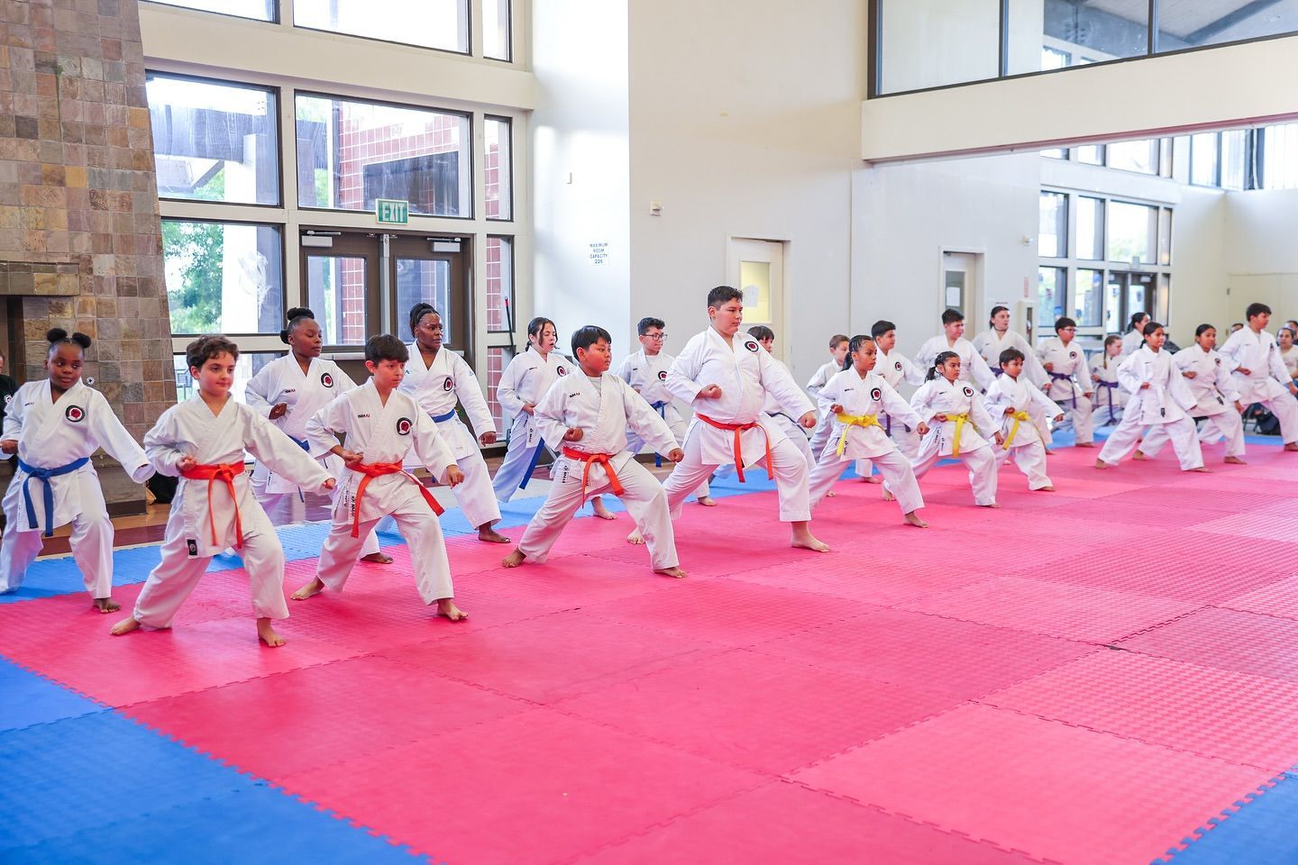 A group of children are practicing karate in a gym.